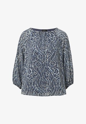Blouse à motifs bleus avec une coupe ample, un col rond et des manches ballon. Présente des motifs floraux et abstraits dans des tons de bleu plus clairs.