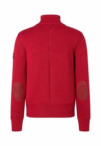 Roter Pullover mit hohem Kragen, gerippter Textur und Ellenbogenpatches. Verfügt über ein Strickgewebe und ein nahtloses Rückendesign.
