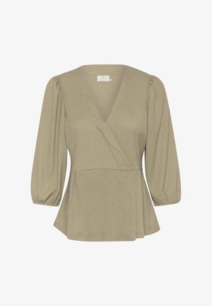 Olijfgroene geribde blouse met een v-hals, driekwart pofmouwen en een peplumrand. Met een wikkelontwerp.