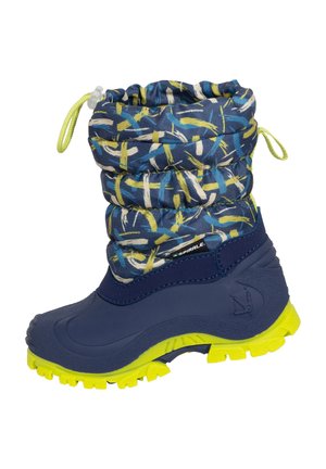Navy blue waterproof boot with a patterned textile shaft, neon yellow accents, and a textured rubber sole for traction. Drawstring top included.