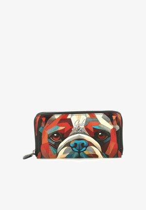 Portafoglio con design colorato a faccia di cane geometrica, cerniera nera e testo "Geos Animals" al centro anteriore.