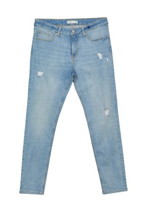 Jeans in denim blu chiaro con una vestibilità skinny. Presentano zone usurate e un classico design a cinque tasche con passanti per cintura.