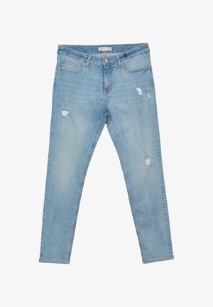 Hellblaue Skinny-Jeans aus Denim. Verfügt über abgenutzte Stellen und ein klassisches Fünf-Taschen-Design mit Gürtelschlaufen.