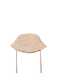 Beige Bucket Hat aus weichem, strukturiertem Stoff, mit runder Krone und breiter Krempe, ausgestattet mit Kinnriemen für einen sicheren Sitz.