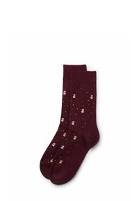 Burgunderrote Baumwollsocken mit einem gemusterten Design, das kleine florale Akzente und durchgehend gepunktete Details im Stoff aufweist.