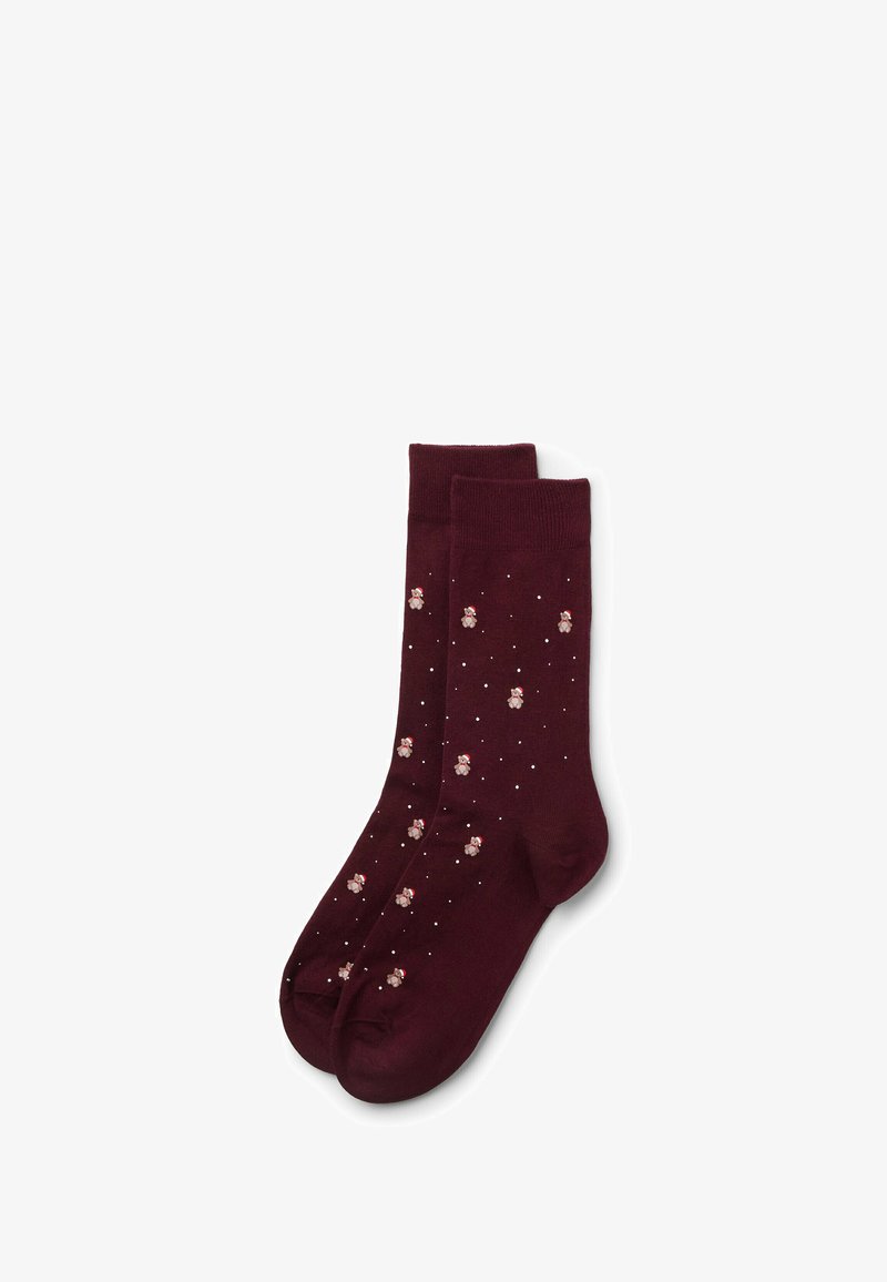Burgunderrote Baumwollsocken mit einem gemusterten Design, das kleine florale Akzente und durchgehend gepunktete Details im Stoff aufweist.