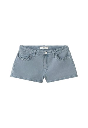 Shorts en jean gris avec poches avant ornées de détails à lacets et une fermeture à bouton à la taille.