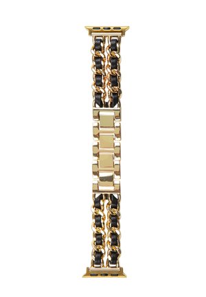 Bracelet de montre en cuir noir et or avec chaîne liée, boucle carrée en or et connecteurs sur fond blanc.