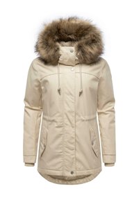 Beige parka jas met een nepbont capuchon, voorzien van een ritssluiting, twee voorzakken en ribgebreide manchetten. Waterafstotende stof met een gladde textuur.