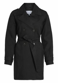 Trench-coat noir à double boutonnage, taille ceinturée et larges revers. Confectionné dans un tissu lisse avec des manches retroussées.