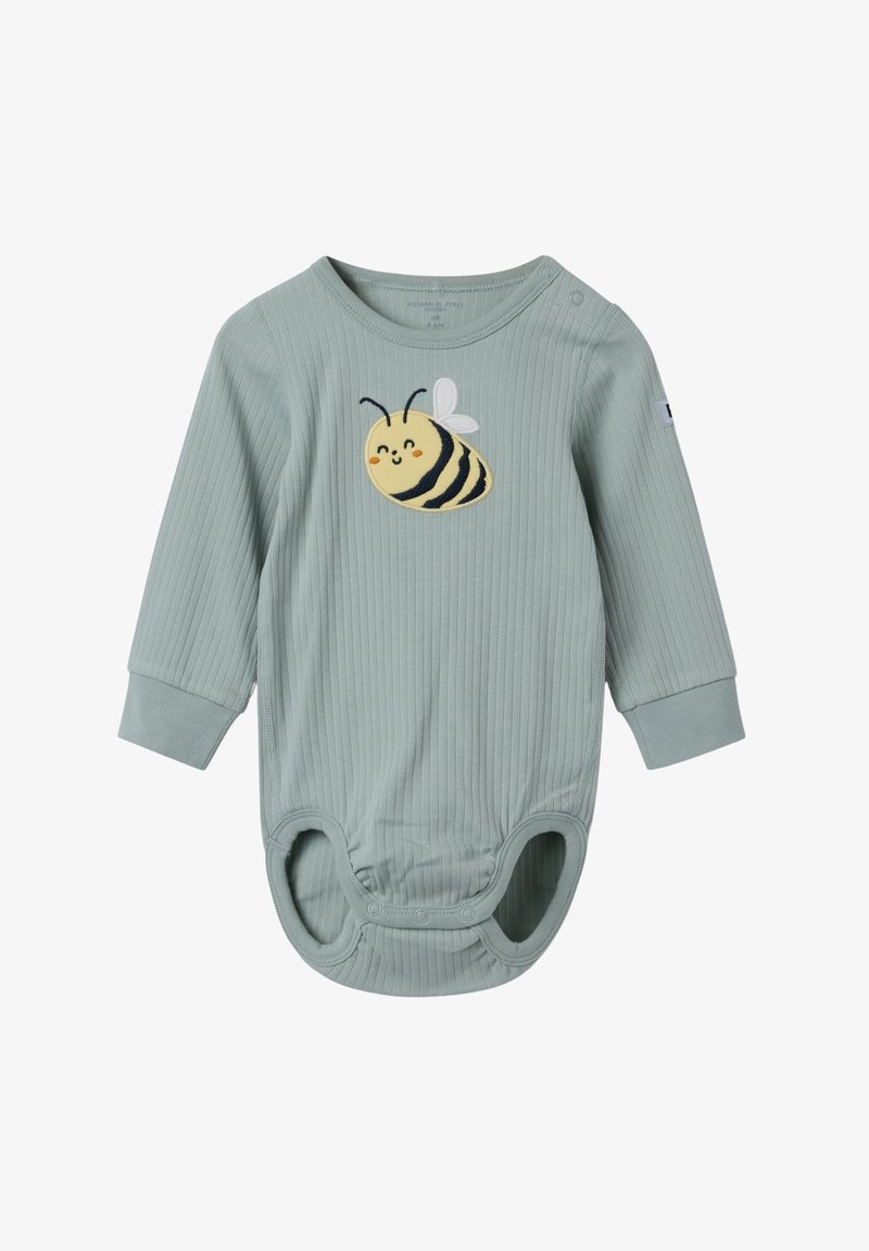 Pitkähihainen ribbikuvioitu vauvan body pehmeässä vihreässä, jossa on edessä keltainen mehiläiskuva mustilla raidoilla ja valkoisilla siivillä.
