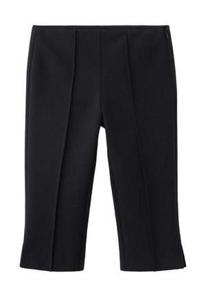 Črne hlače z dvema naborkoma spredaj, gladke teksture in zadrgo na strani. Krojene, brez vidnih vzorcev.