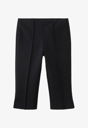 Black, cropped trousers with two front pleats, a smooth texture, and a side zipper closure. Tailored design, no visible patterns.