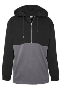 Čierna a šedá mikina na zips s kapucňou, dlhými rukávmi a farebným blokovým dizajnom s hladkou bavlnenou textúrou.