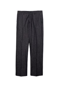 Pantaloni color grigio carbone con un tessuto testurizzato, dotati di una linea dritta, pieghe e una vita con passanti per cintura.