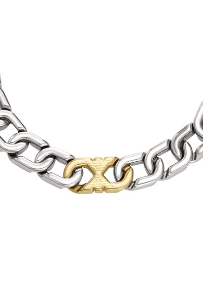 Hopeinen ketjukaulakoru, jossa on suuret ovaalit linkit ja keskellä kullanvärinen lukko, jossa on kohokuvioitu koriste. Kiillotettua metallia sileällä pinnalla.