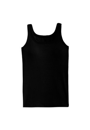 Zwart mouwloos tanktop van katoenmix, met een ronde hals en een gladde, ondoorzichtige textuur.