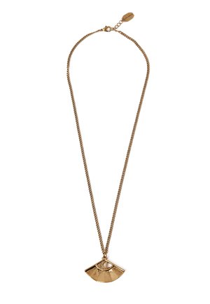 Collier chaîne en or avec un pendentif en forme d'éventail présentant un motif géométrique découpé et un fermoir avec extension de chaîne réglable.