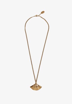 Collier chaîne en or avec un pendentif en forme d'éventail présentant un motif géométrique découpé et un fermoir avec extension de chaîne réglable.