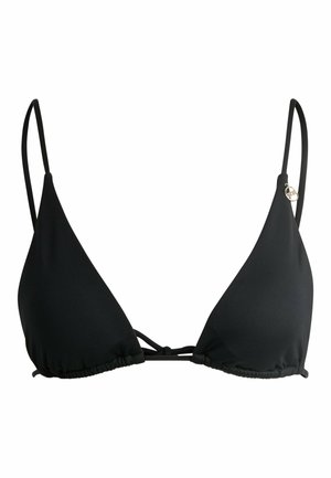 Fekete háromszög bikini felső vékony állítható pántokkal, ráncolt szélekkel és kerek ezüst részlettel az egyik oldalon. Simaságot sugárzó anyag.