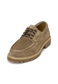 Braune Wildlederschuhe mit runder Zehenpartie und Schnürdesign. Verfügt über eine dicke Gummisohle mit tiefen Profilen und gestickten Details.