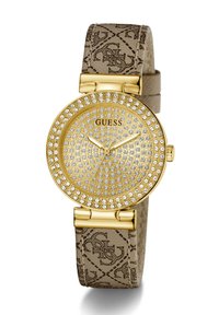 Reloj redondo de oro con cara adornada de cristales, correa beige con patrón que presenta acentos de logo y detalles de hardware en oro.