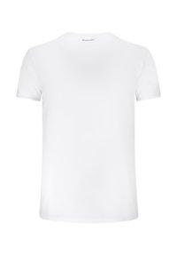 Weißes T-Shirt mit kurzen Ärmeln, runder Ausschnitt, glatter Textur und einem kleinen Logo auf der Rückseite in der Nähe des Ausschnitts.