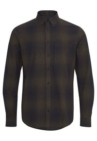 Checkered button-up shirt in dark navy and brown, made of soft fabric. Long sleeves, standard collar, and chest pocket detail.