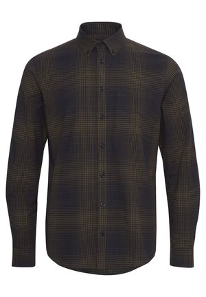 Checkered button-up shirt in dark navy and brown, made of soft fabric. Long sleeves, standard collar, and chest pocket detail.