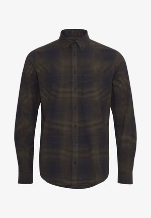 Tumedas kaelusega ruuduline särk tumesinises ja pruunis, valmistatud pehmest kangast. Pikad varrukad, tavaline krae ja rinnatasku detailiga.