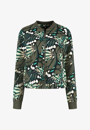 Bomberjack binnen in groen met een vlinderprint. Voorzien van een voorrits, geribbelde kraag en manchetten, en een cropped ontwerp voor een getailleerde look.