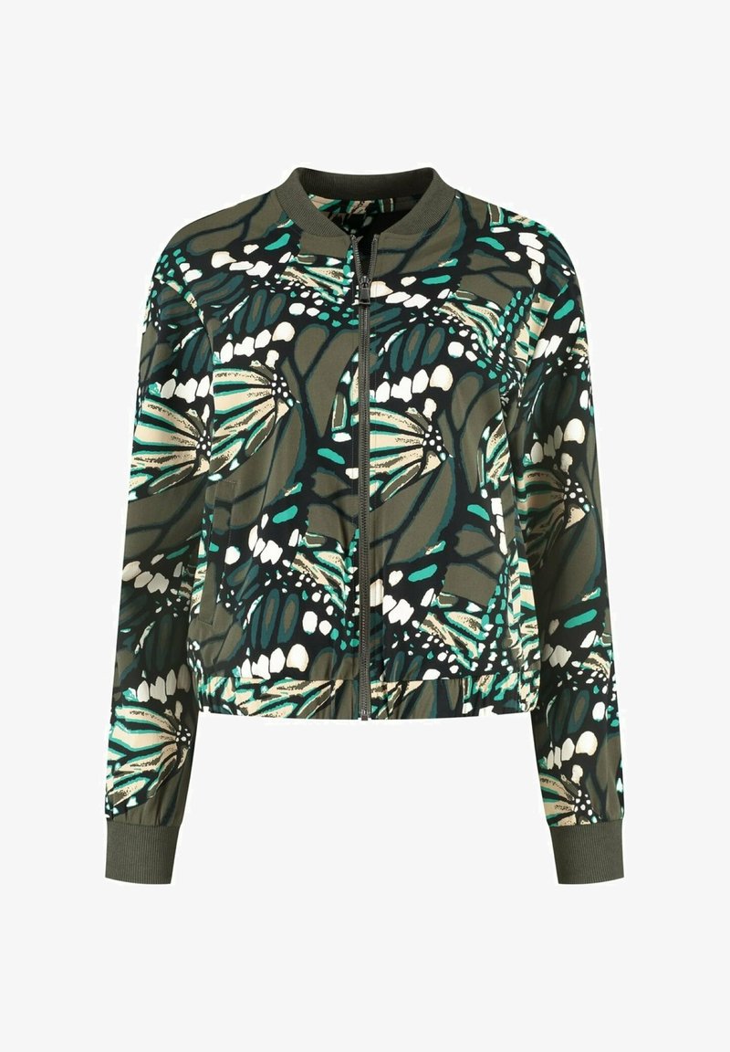 Bomberjack binnen in groen met een vlinderprint. Voorzien van een voorrits, geribbelde kraag en manchetten, en een cropped ontwerp voor een getailleerde look.