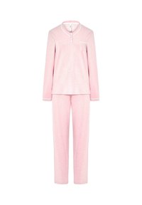 Conjunto de pijama de mujer en rosa claro, con mangas largas, cuello redondo, tapeta de botones, bolsillo en el pecho y pantalones rectos a juego.