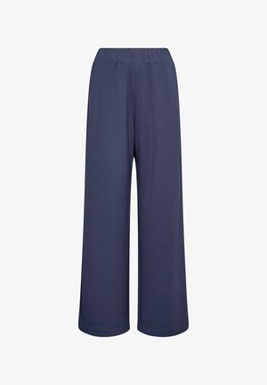 Tumesinised laia jala püksid, millel on elastne vöökoht ja peen tekstuur, loodud mugavaks sobivuseks ja vabaaja kandmiseks.