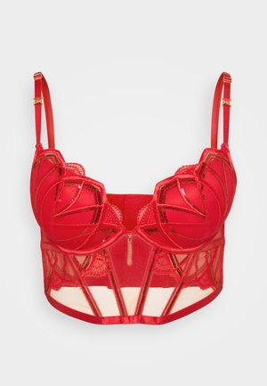 Sutien roșu din satin și plasă, cu un design geometric decorat cu paiete, bretele reglabile și închidere frontală cu fermoar.