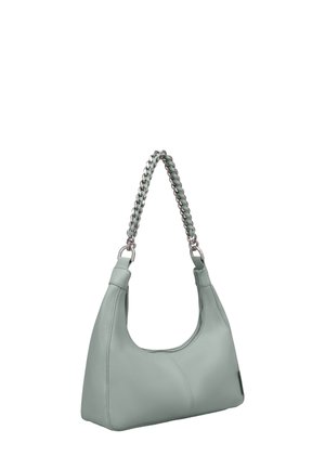 Hellgrünes Lederhandtasche mit einer geschwungenen Form, versehen mit einem geflochtenen silbernen Kettenhenkel und einer glatten Oberfläche, keine sichtbaren Verzierungen.