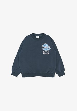 Dunkelblaues Sweatshirt aus Baumwollmischung. Hat einen Grafikdruck eines Charakters mit blauen Haaren auf der linken Brust, gerippten Bündchen und Saum.