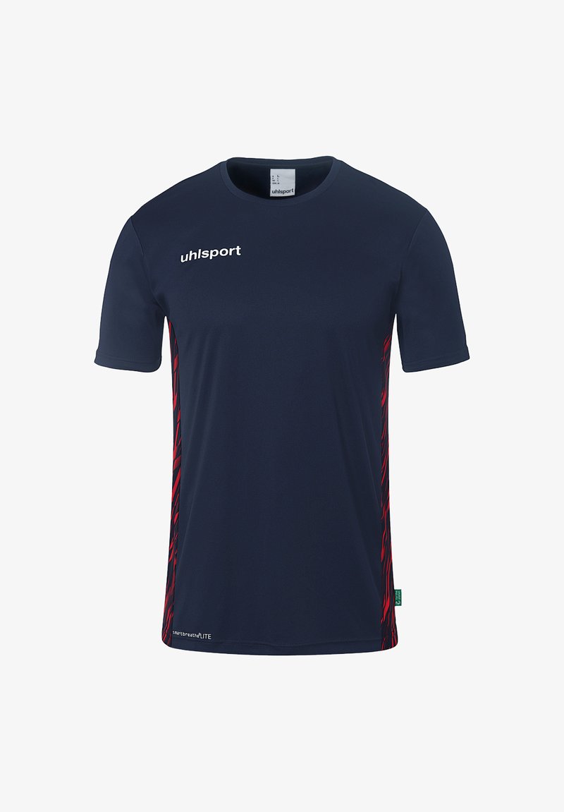 T-shirt de sport marine à manches courtes, avec des accents rouges sur les côtés et un logo blanc sur la poitrine. Fabriqué en matériau léger et respirant.