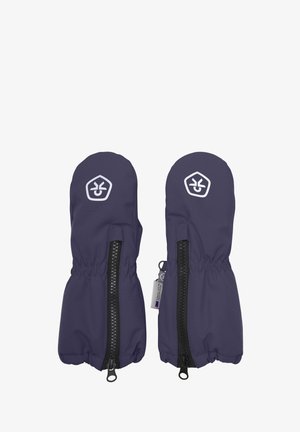 Fioletowe rękawice z trwałego materiału, z zamkiem błyskawicznym i elastycznymi mankietami. Zawierają białe logo na zewnętrznej powierzchni.