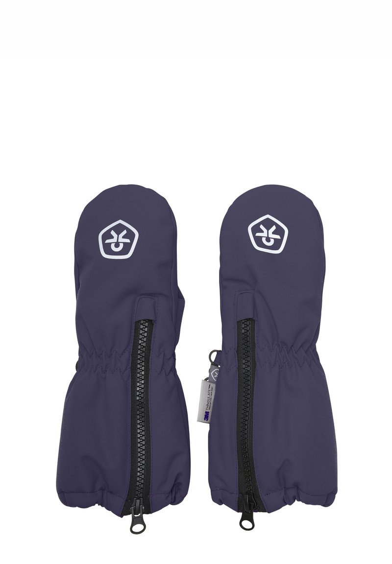 Lila vantar gjorda av slitstarkt material, med dragkedjestängning och elastiska mudd. Inkluderar en vit logotyp på yttersidan.