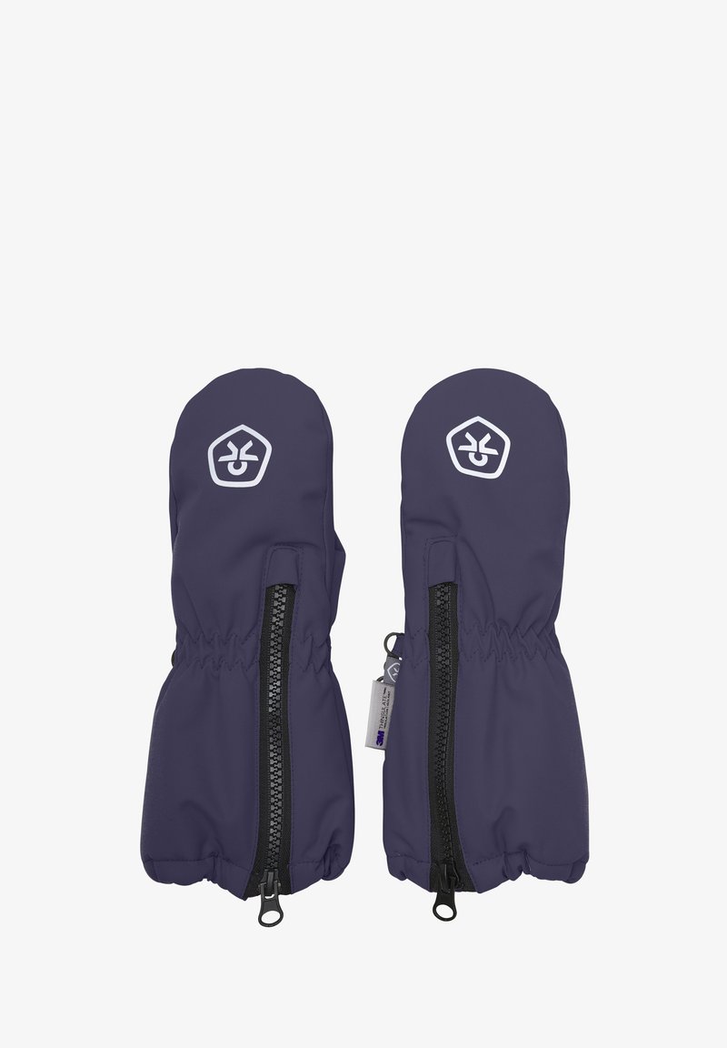 Paar paarse wanten gemaakt van duurzaam materiaal, met een ritsluiting en elastische manchetten. Voorzien van een wit logo op de buitenkant.