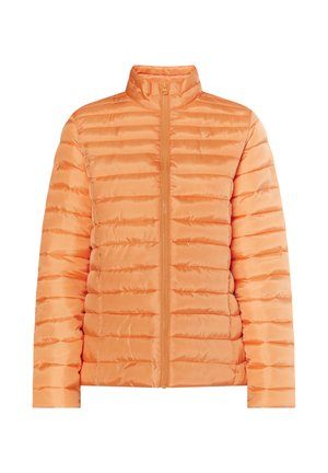 Lagana narančasta puffer jakna s vertikalnim quilted uzorkom, visokim ovratnikom i prednjim patentnim zatvaračem. Glatka tkanina s sjajnim finišom.