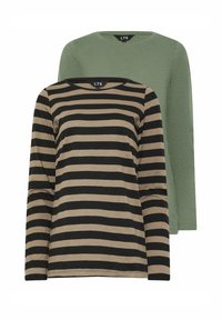 Två långärmade toppar: en med svarta och beige ränder, den andra i enfärgad olivgrön. Båda är tillverkade av lättviktsmaterial med rund halsringning.