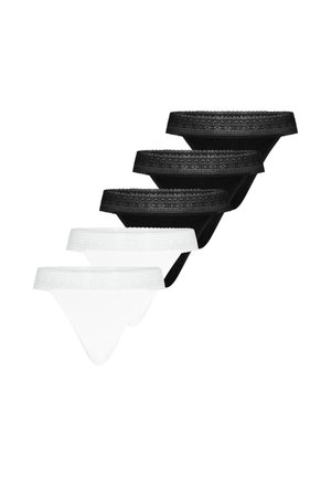 Set aus fünf Damen-String-Tangas mit Spitzenbesatz in Schwarz und Weiß, abwechselnd auf weißem Hintergrund angeordnet.