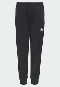 Pantalons de sport noirs avec des bandes latérales blanches, taille élastique et poignets côtelés. Fabriqués en tissu lisse avec un petit logo.