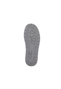 Sole di scarpa in gomma grigia con un motivo di battistrada robusto; presenta rilievi alti e un'indentazione circolare al centro per la trazione.