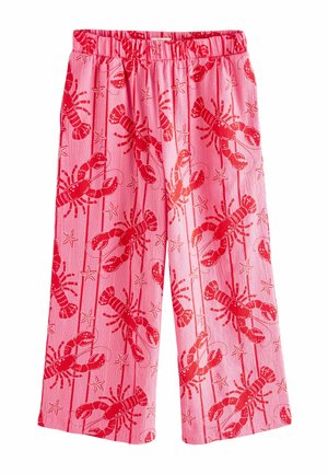Pink wide-leg pants with red lobster and starfish pattern, elastic waistband, and lightweight textured fabric.