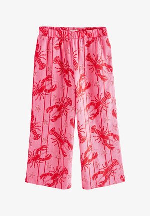 Pink wide-leg pants with red lobster and starfish pattern, elastic waistband, and lightweight textured fabric.