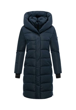 Granatowy, ocieplany kurtka puchowa z dużym kapturem, zapi�ęciem na guziki, dwoma bocznymi kieszeniami oraz elastycznymi mankietami zapewniającymi ciepło.