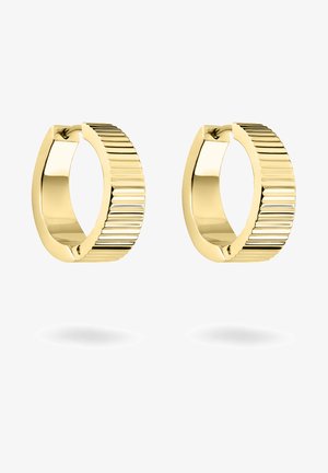 Boucles d'oreilles en forme d'anneau doré avec un design strié. Forme ronde avec une finition polie et une fermeture à charnière. Matériau durable présentant une texture subtile.